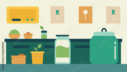 Kitchen ZeroWaste Setup A kitchen view featuring a zerowaste station with reusable jars compost bin and a bamboo ting board highlighting sustainability in daily practices.