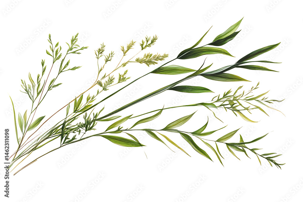 Fototapeta premium Green Grass and Leaf Sprigs on Transparent Background