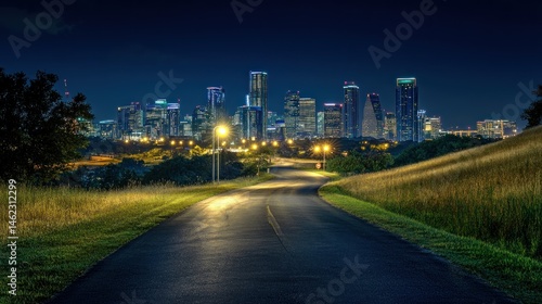 Cityscape at night, road leading to skyline