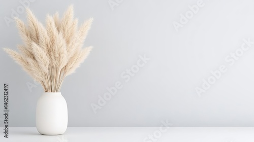 Minimalist beige pampas grass in white vase.  A simple, elegant display on a light surface against a muted backdrop