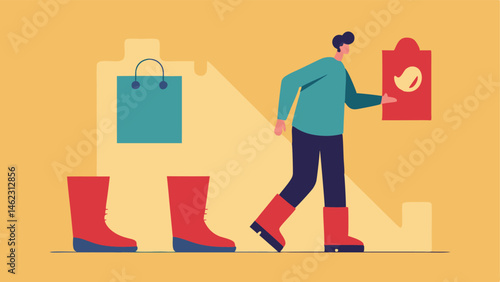Footwear Focus A shopper examining their reflection while wearing new boots with large Final Markdown signs surrounding the area.