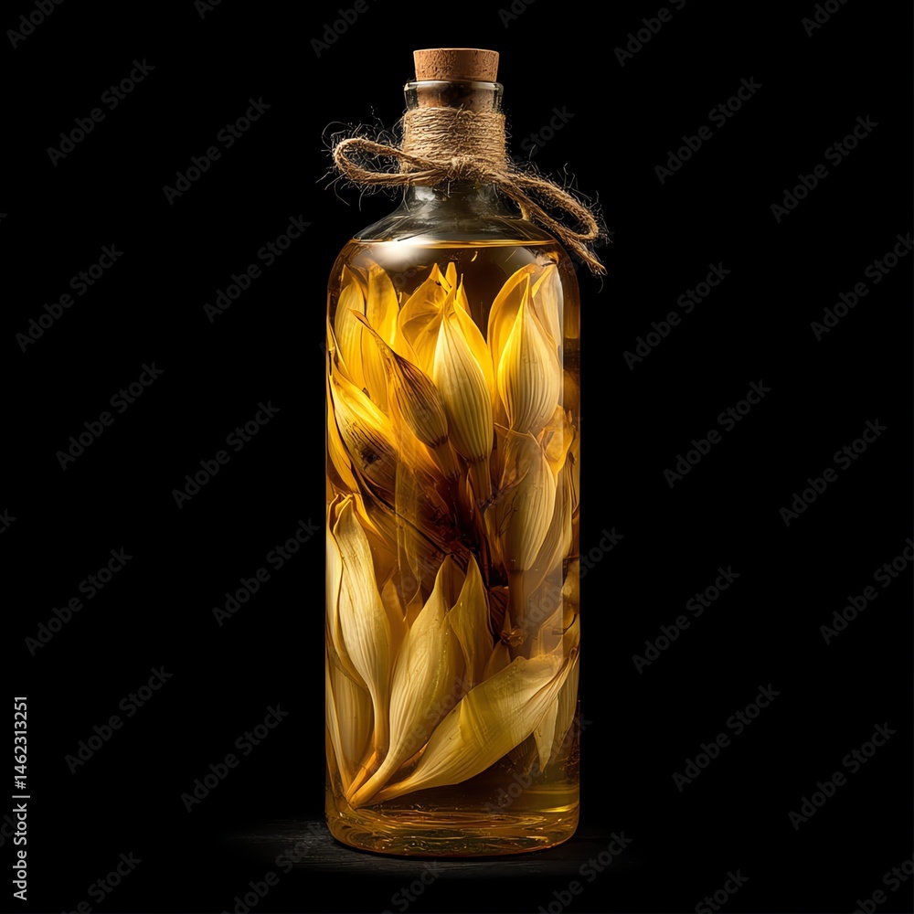 Decorative bottle filled with oils and flower petals, isolated on a dark background.