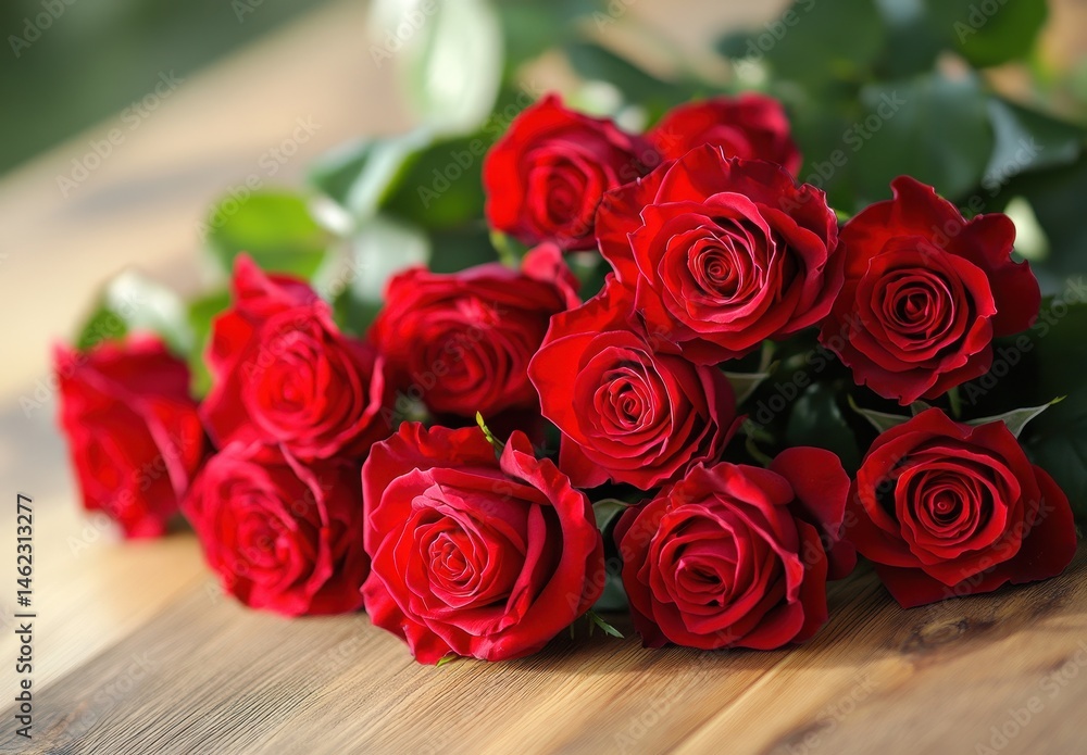 Vibrant Red Roses Arranged on Wooden Surface with Green Leaves, Perfect for Celebrations, Love Expressions, Floral Decorations, and Special Occasions Vibrant Red Roses Arranged on Wooden Surface with Green Leaves, Perfect for Celebrations, Love Expressions, Floral Decorations, and Special Occasions