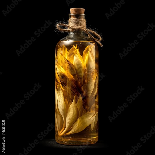 Obraz na płótnie Decorative bottle filled with oils and flower petals, isolated on a dark background. w salonie