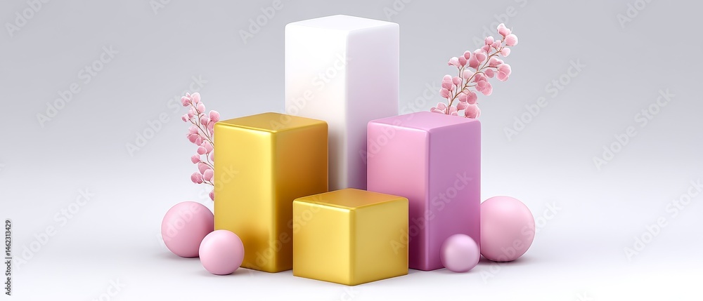 Obraz premium Colorful isometric blocks arrangement with floral accents in minimalist studio space