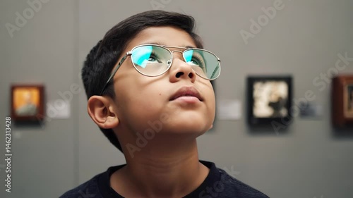 Curious Boy in Glasses Gazing at Sky  Museum Day Concept