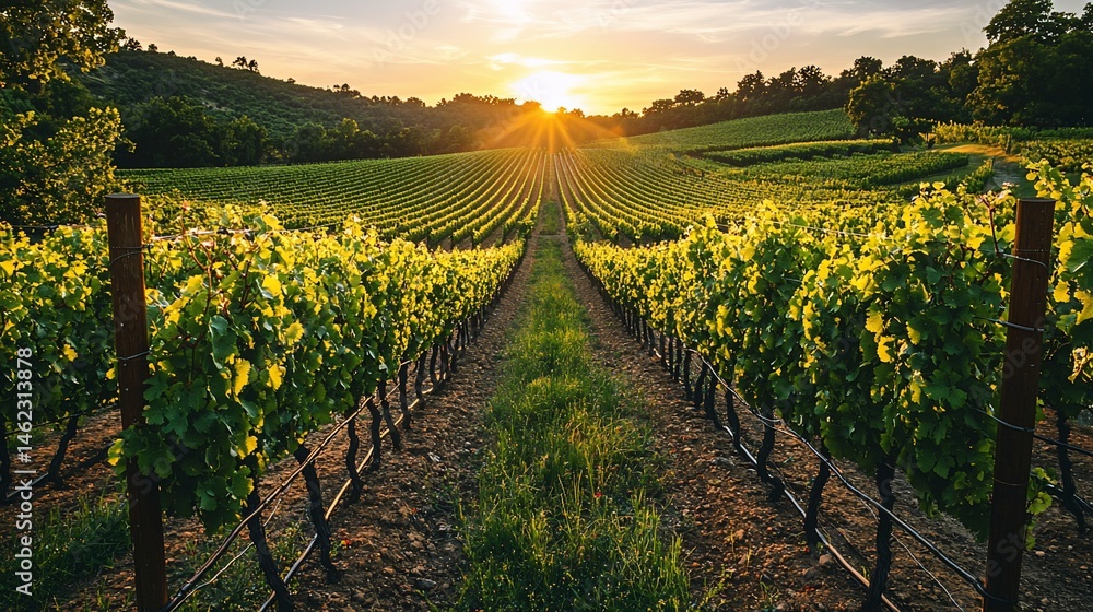 Fototapeta premium Lush vineyard rows stretching to a golden sunset