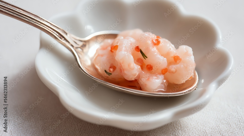Delicate shrimp dish served on a silver spoon, white isolated background.