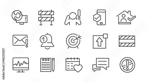 Alerts and Warning line icon set. Alert, caution, danger, error, danger warning, chemical, hazard, protection, natural disasters, rescue services, and emergency line icon set. UI thin line icon pack.
