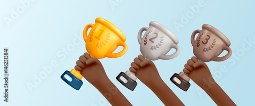 3D Dark Skin Hands Holding Gold, Silver, and Bronze Cups Light Celebration Background. Black arms athletes holding winners bowls. Perfect for Sports, Victory, or Awards Themes. Vector Illustration