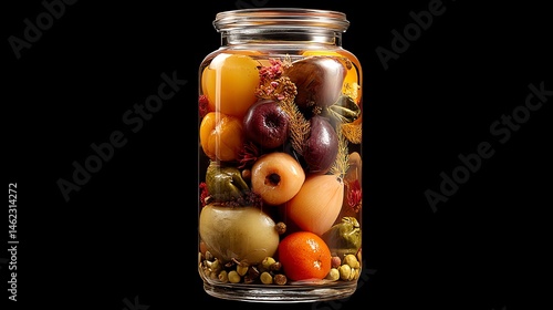 Obraz na płótnie Colorful jar filled with assorted preserved fruits and vegetables, isolated on black. w salonie