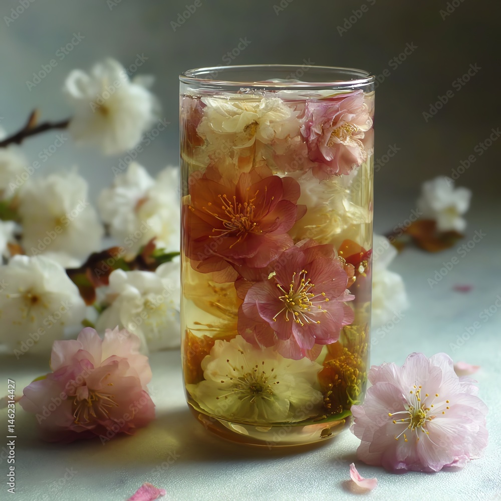 A glass of refreshing floral drink with cherry blossoms, isolated on a serene background.