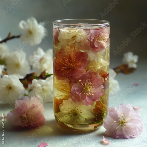 Obraz na płótnie A glass of refreshing floral drink with cherry blossoms, isolated on a serene background. w salonie
