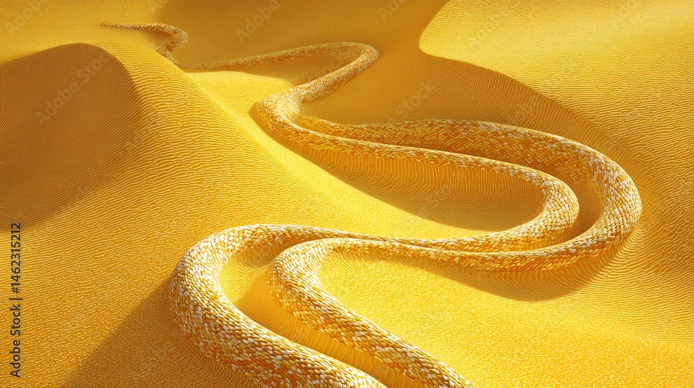 Snake slithering through yellow sand landscape, white isolate background