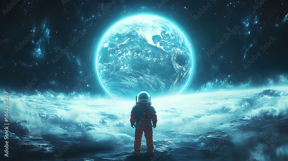 Astronaut gazes at a glowing celestial globe. Astronaut gazes at a glowing celestial globe.