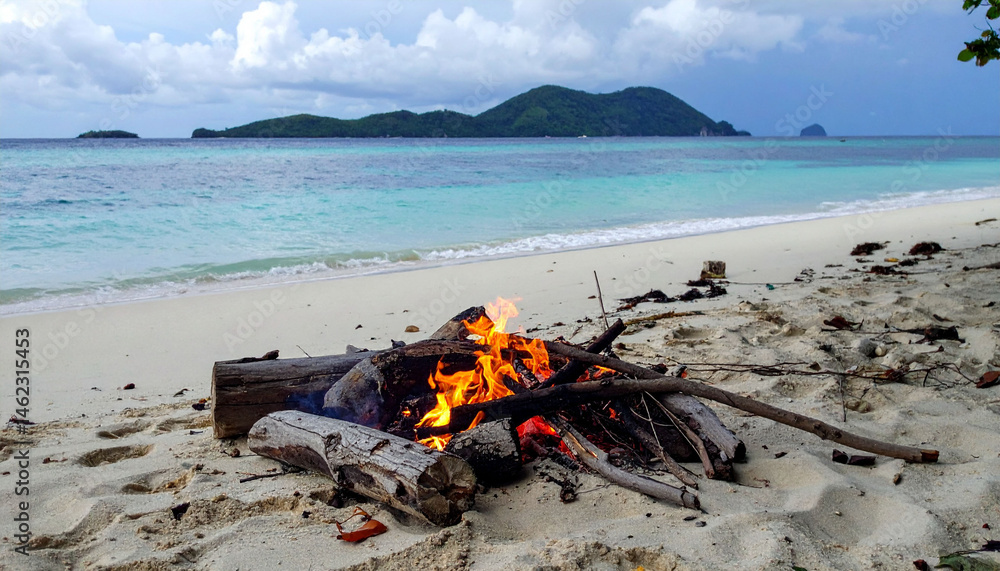 Fototapeta premium this image shows a bonfire burning on a sandy beach. several logs and smaller pieces of wood are arranged to fuel the fire, which emits bright yellow and orange flames