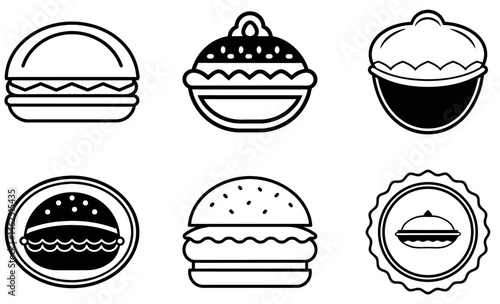 Black and White Line Art Icons of Burgers, Pies, and Food Containers