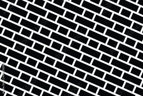 Diagonal black rectangular tiles with white outlines form a seamless repeating pattern. Minimalist, geometric abstract design in monochrome. Neutral, versatile background for digital or print projects
