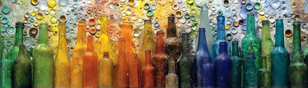 Colorful glass bottles with bubbles on a vibrant background.