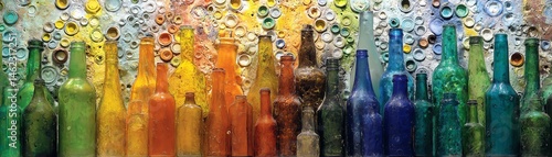 Obraz na płótnie Colorful glass bottles with bubbles on a vibrant background. w salonie