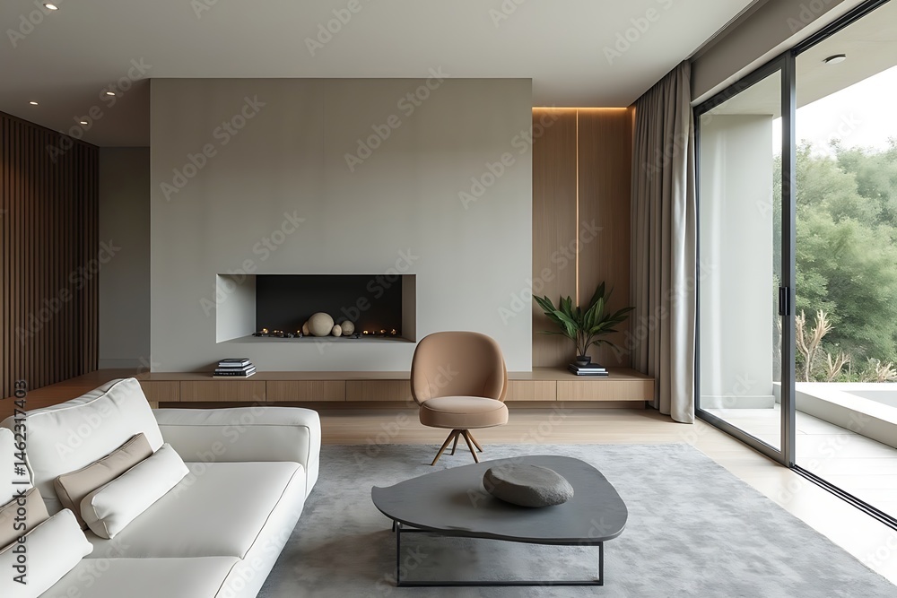 Fototapeta premium Modern Living Room with Minimalist Fireplace and Neutral Palette Interior Design Featuring a Stone Coffee Table and View to Outside 