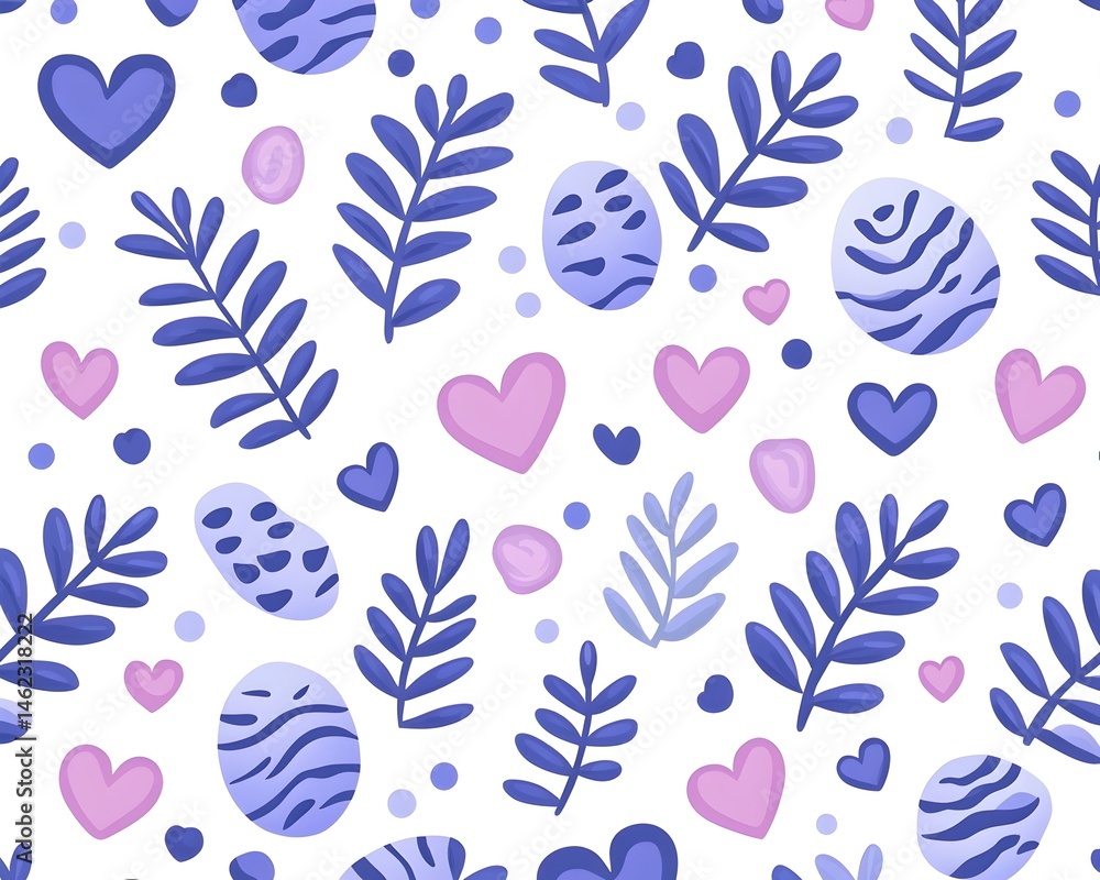 A whimsical spring pattern featuring hearts, leaves, and speckled eggs in shades of purple and pink on a white background