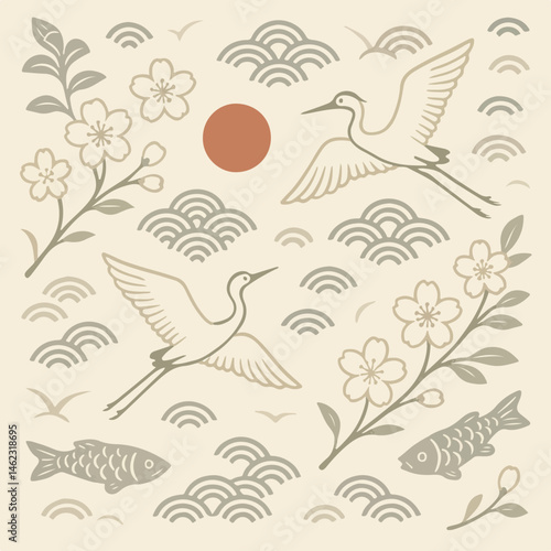 Wallpaper Mural Sarus crane, Japanese pattern, ideal for wrapping paper and kimono-style patterns Torontodigital.ca