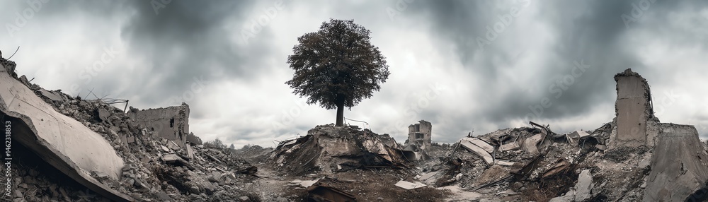 Lonely tree in a desolate landscape, surrounded by ruins and dramatic clouds.