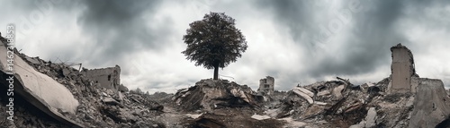 Obraz na płótnie Lonely tree in a desolate landscape, surrounded by ruins and dramatic clouds. w salonie