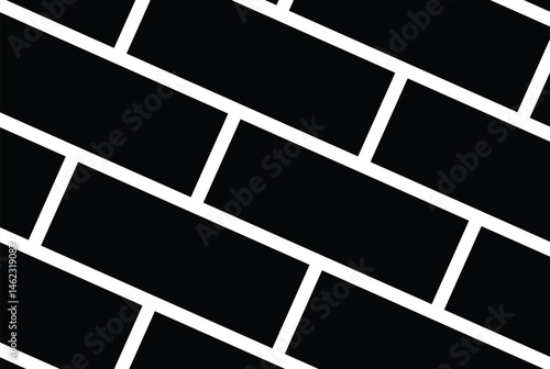 Diagonal black rectangular tiles with white outlines form a seamless repeating pattern. Minimalist, geometric abstract design in monochrome. Neutral, versatile background for digital or print projects
