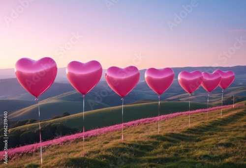 Several pink heart-shaped balloons lined a hill