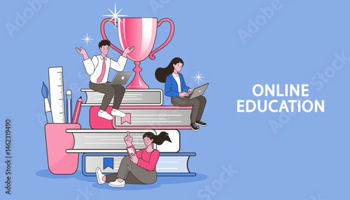Webinar and online education. Distance learning, recorded classes, video tutorial metaphors. online educational. Home education, remote university graduation. e-learning and podcast. Vector flat.