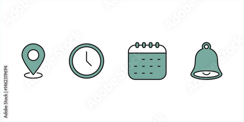 Time, date and address icon set. Calendar, clock, location. Editable stroke. Linear vector outline illustration. Vector illustration.