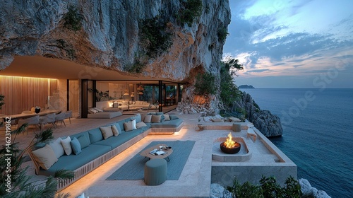Coastal cave dwelling with outdoor living space.  Open-plan living area,  fire pit,  and sea views.  Modern architecture nestled in a cliffside