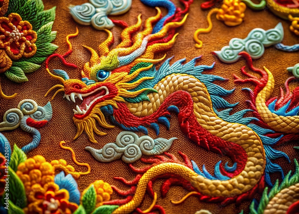 custom made wallpaper toronto digitalPanoramic Dragon Embroidery Design, Detailed Close-up of Intricate Stitches on Fabric