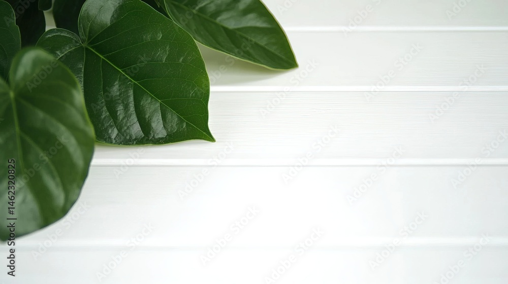 Fresh green leaves on a white wooden surface. Fresh green leaves on a white wooden surface.