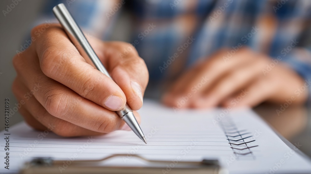 Close-up of a hand writing on a checklist with a silver pen, focused and sharp. Close-up of a hand writing on a checklist with a silver pen, focused and sharp.