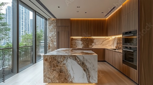 Modern kitchen island, city view, luxury apartment