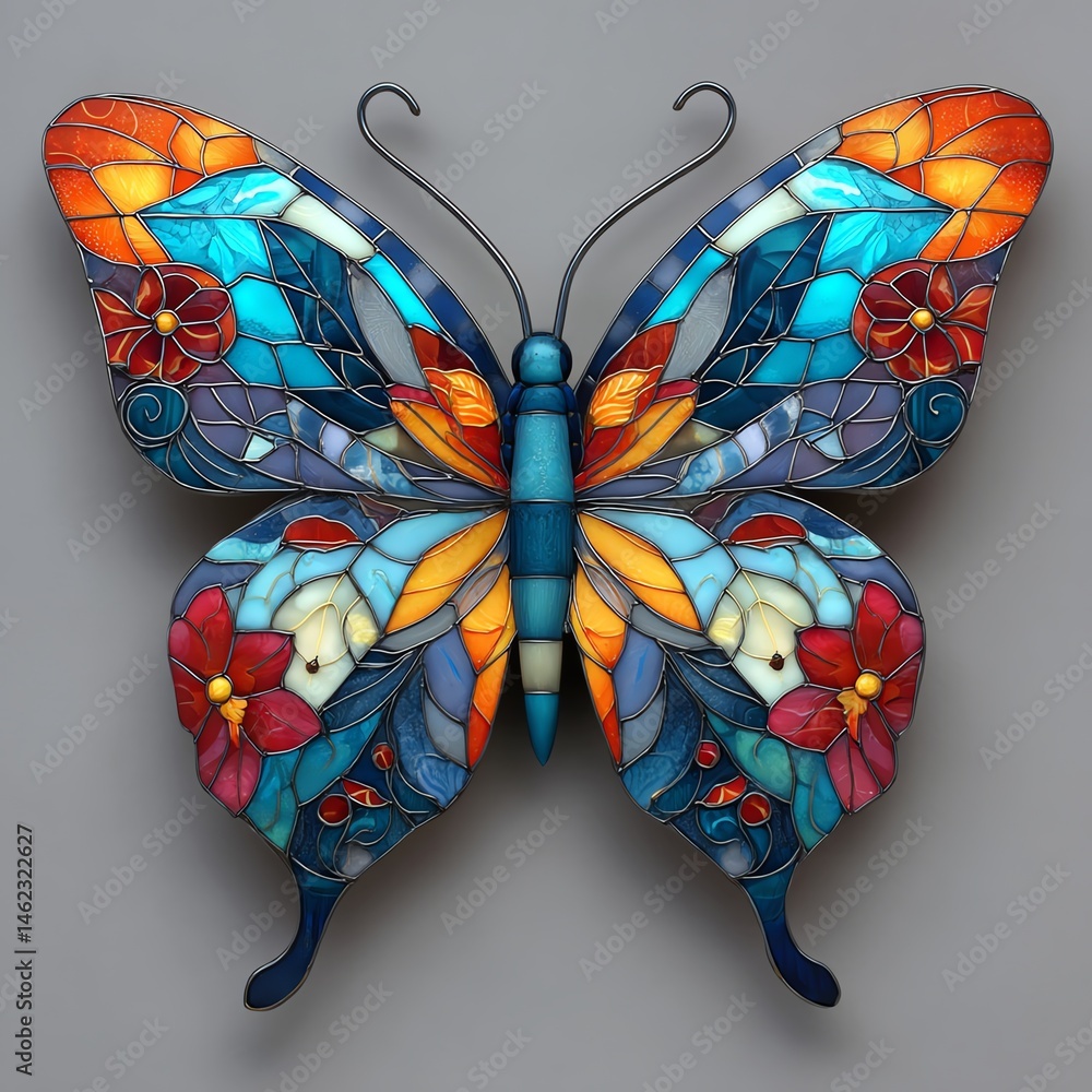 Vibrant stained glass butterfly with colorful floral designs, isolated on grey background.