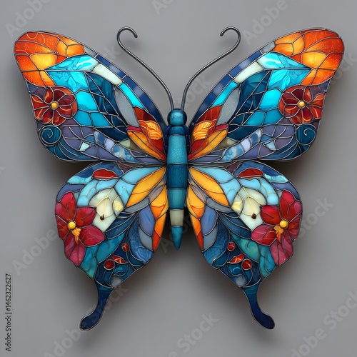 Obraz na płótnie Vibrant stained glass butterfly with colorful floral designs, isolated on grey background. w salonie