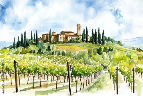 A stunning watercolor illustration of a picturesque vineyard landscape.