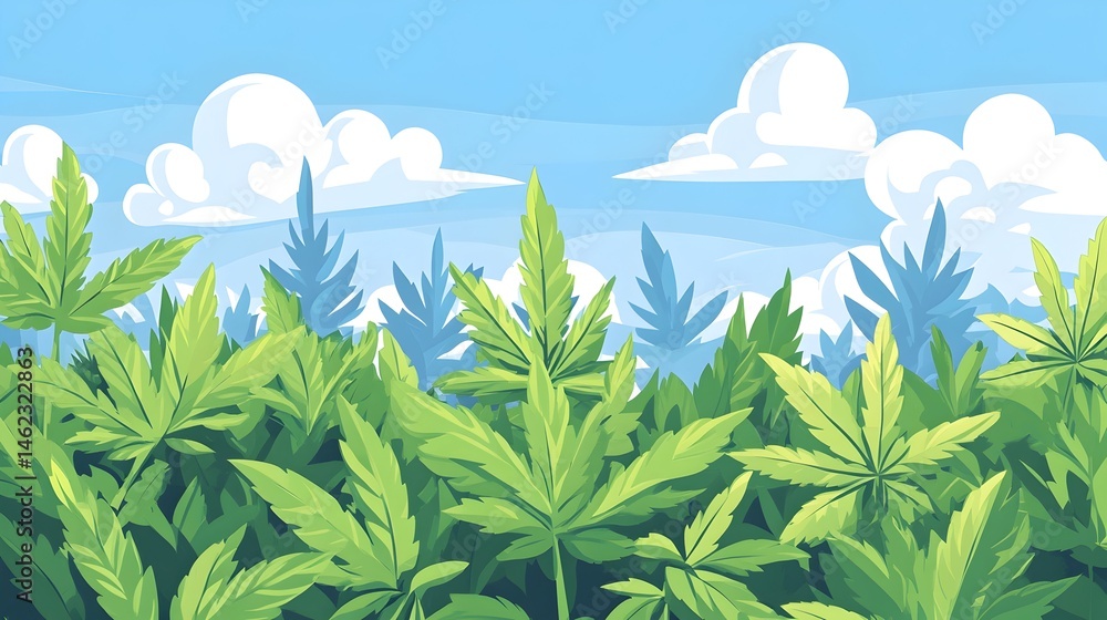 Fototapeta premium Lush green cannabis plants under a bright blue sky with fluffy white clouds