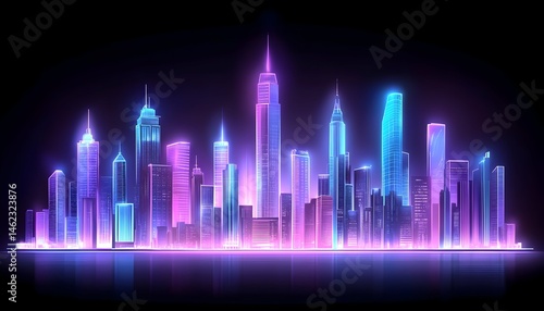 Neon-lit cityscape at night, reflecting on water