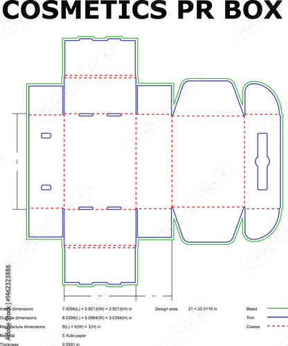 Cosmetics pr box die cut template design with dimensions ready for packaging production