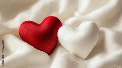 Red and White Hearts on White Fabric Background Romantic Love Concept