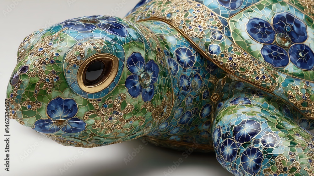 Colorful ceramic turtle sculpture detailed with floral patterns on an isolated background.