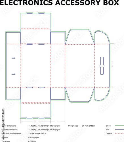 Vector diagram of electronics accessory box blueprint with dimensions and specifications