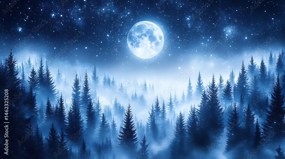 Fototapeta premium Full moon over misty forest at night