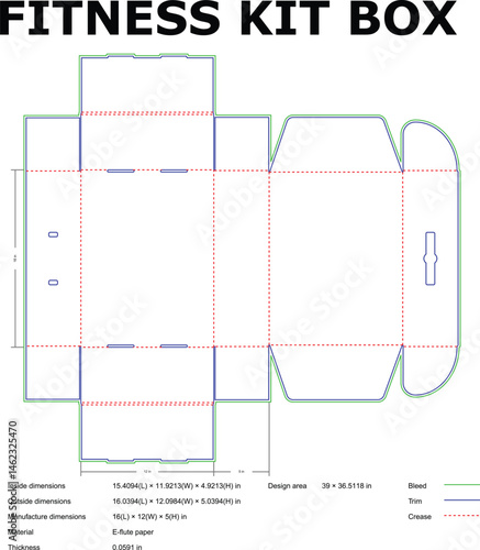 Detailed fitness kit box layout blueprint with precise measurements for packaging design