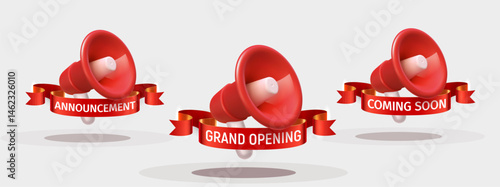 Marketing Announcement Megaphone Icons With Red Ribbon Text For Grand Opening, Announcement, Sale Promo, Coming soon Event Notification On Clean Background. Vector Illustration.